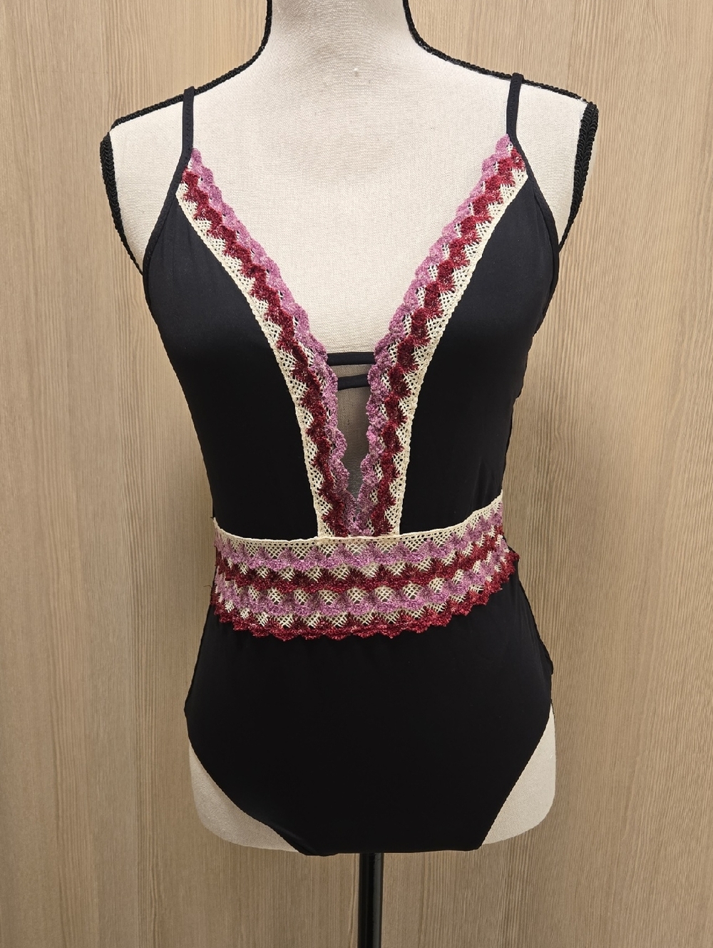 BECCA Black Swimsuit with Cream and Burgundy Trim
